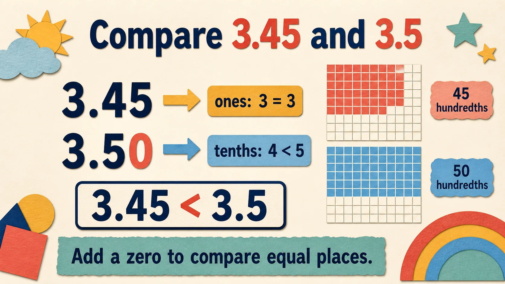 A worked 3rd Grade Decimals example moving from a concrete model to an answer