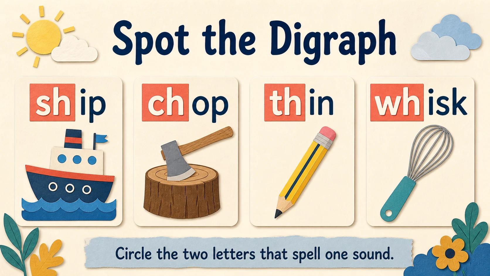 A worked 1st Grade Digraphs example moving from a concrete model to an answer