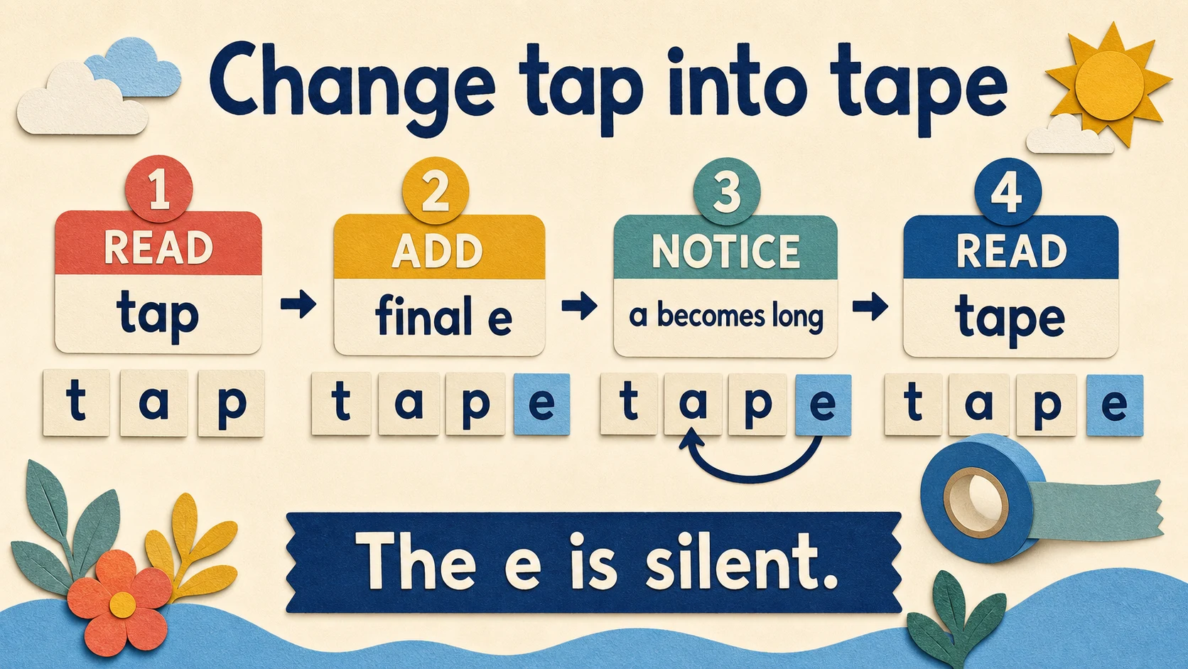 A worked 1st Grade Long Vowels example moving from a concrete model to an answer