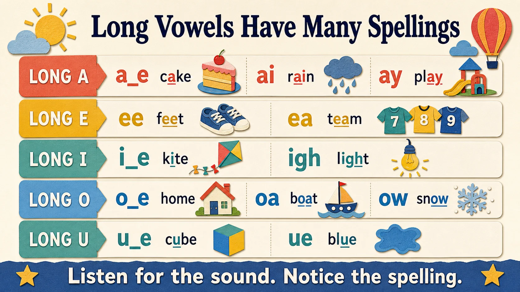 A visual map of the 2nd Grade Long Vowels skills developed in this guide