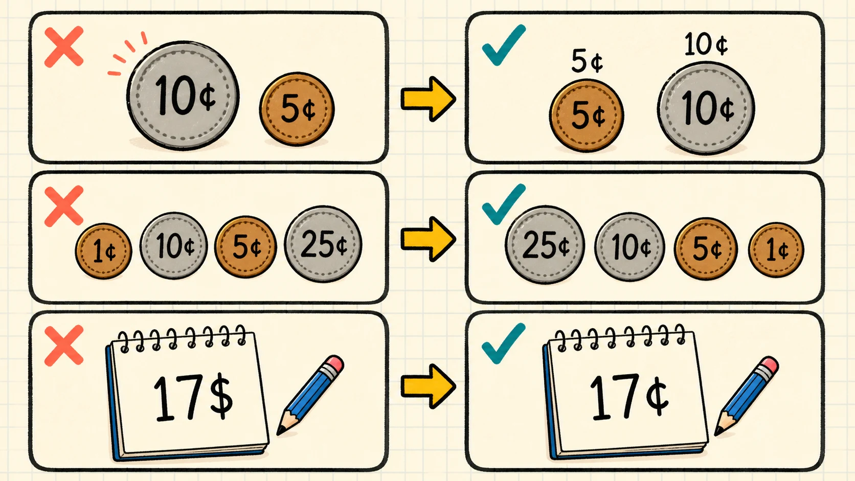 Common 1st Grade Money errors paired with diagnostic teaching responses