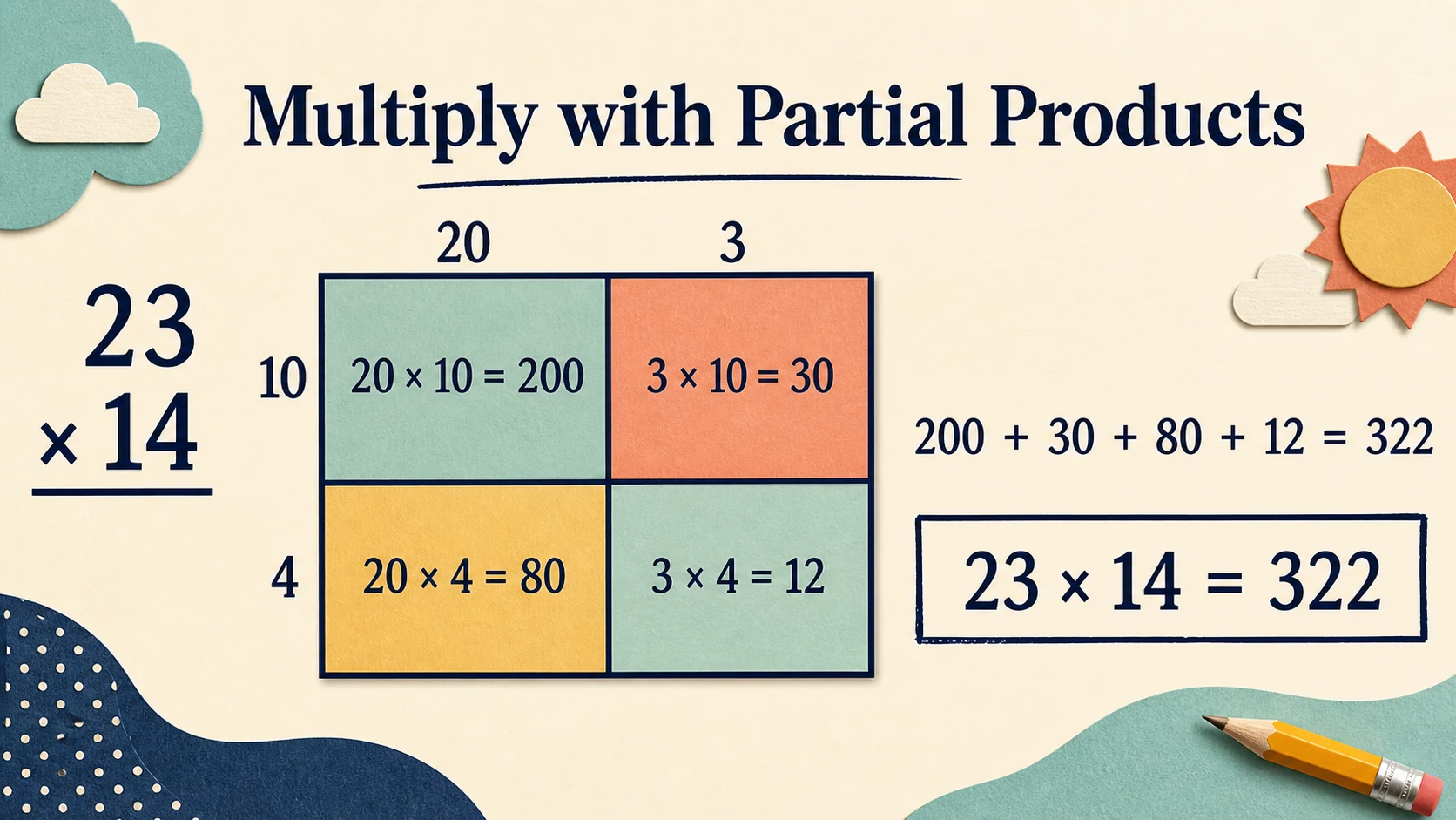 A worked 4th Grade Multiplication example moving from a concrete model to an answer