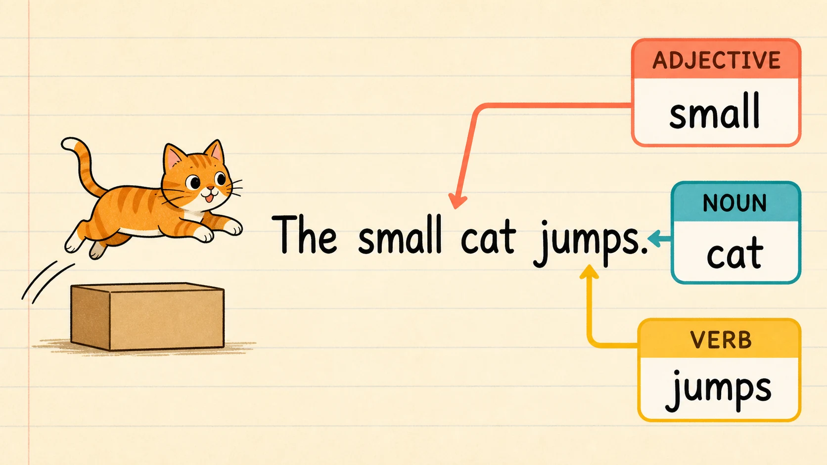 A worked 1st Grade Parts of Speech example moving from a concrete model to an answer