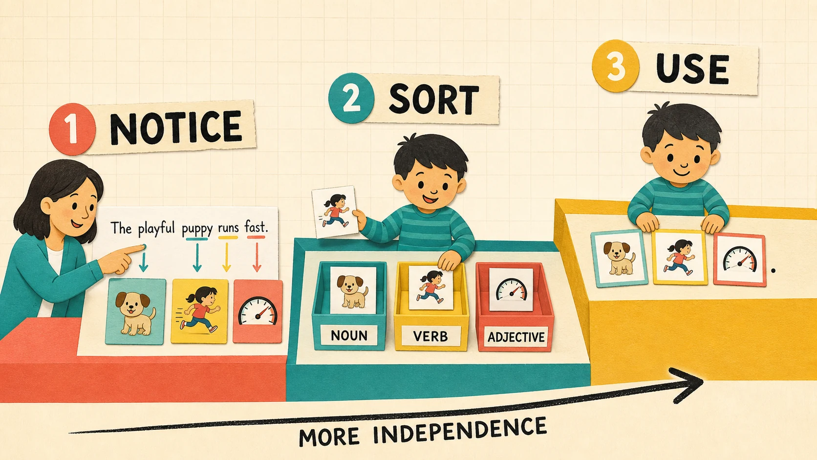 A 1st Grade Parts of Speech progression from supported practice to independent work