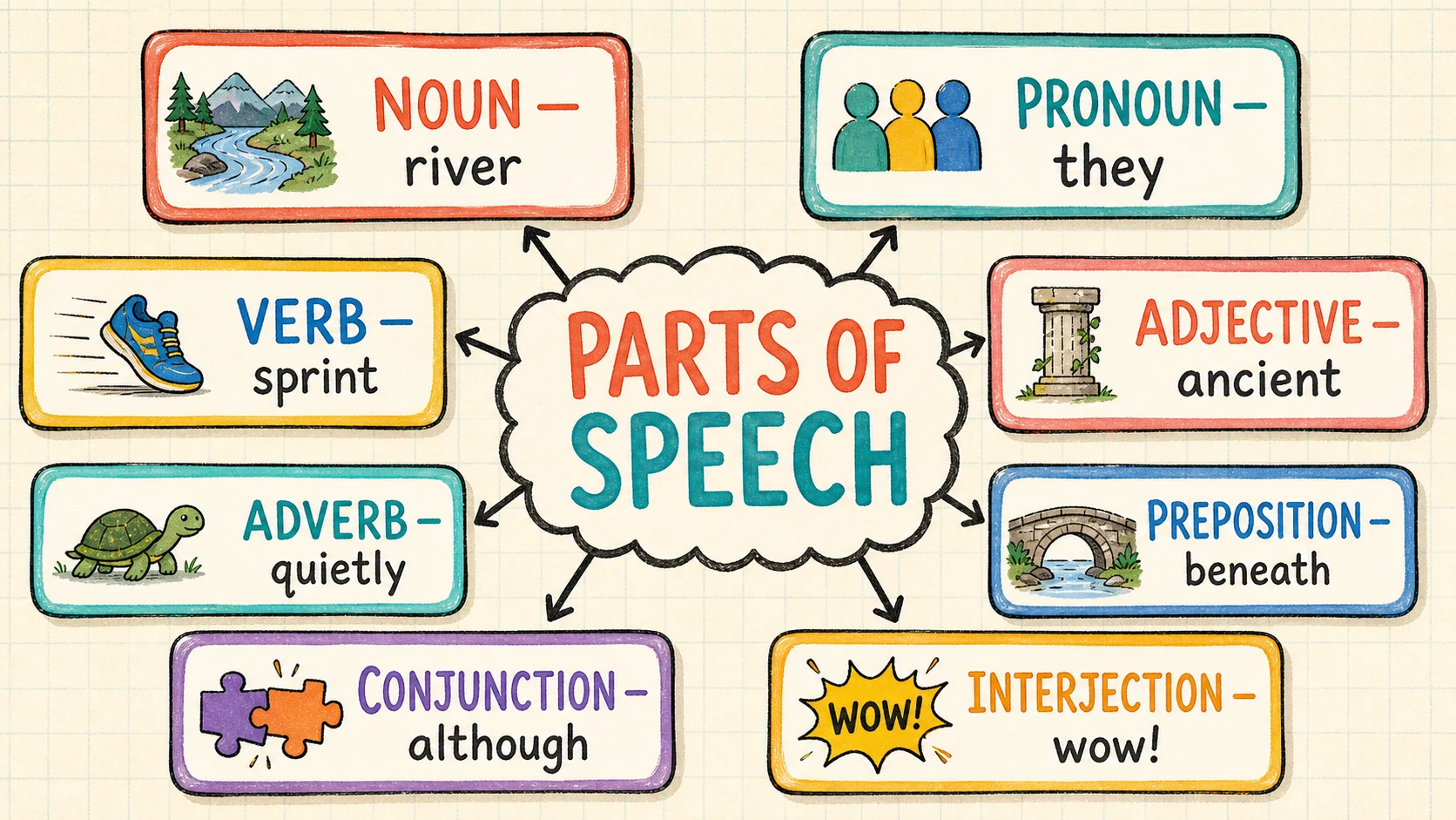 A visual map of the 4th Grade Parts of Speech skills developed in this guide