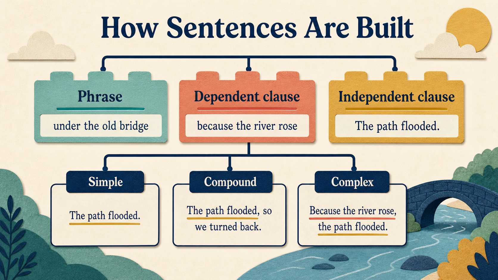 A visual map of the 6th Grade Sentence Structure skills developed in this guide