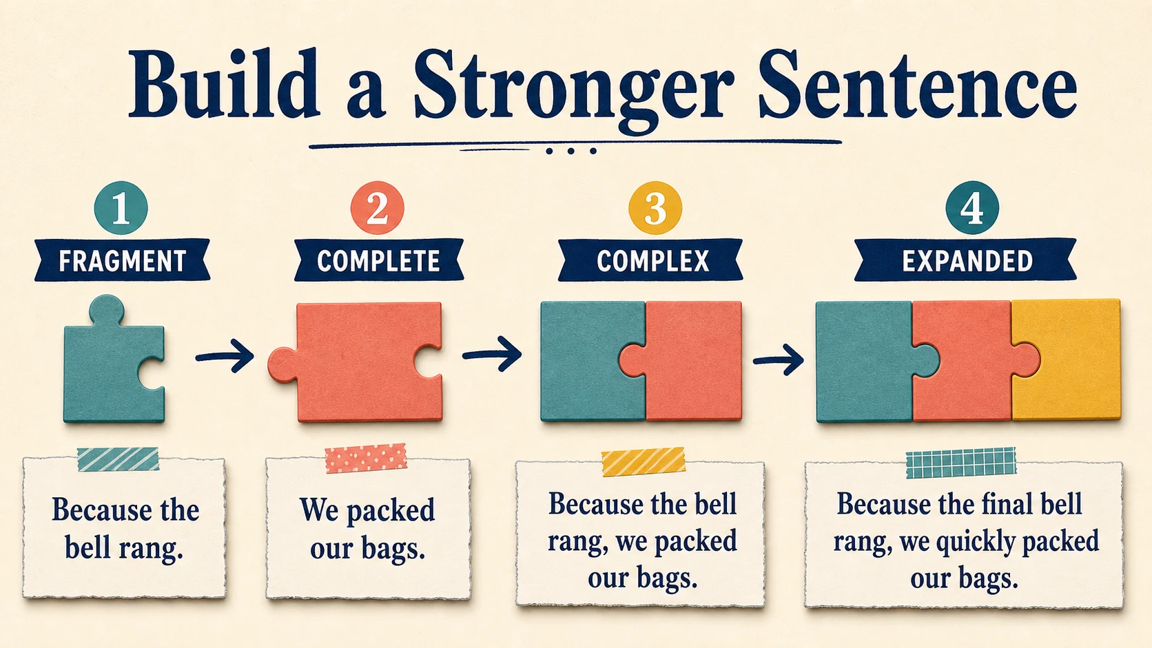 A 6th Grade Sentence Structure progression from supported practice to independent work