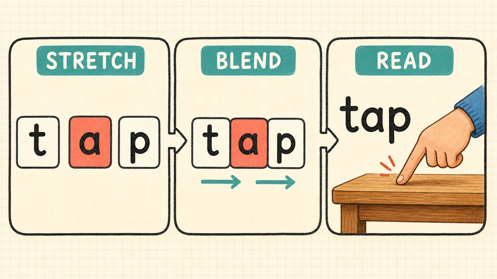 A worked 1st Grade Short Vowels example moving from a concrete model to an answer