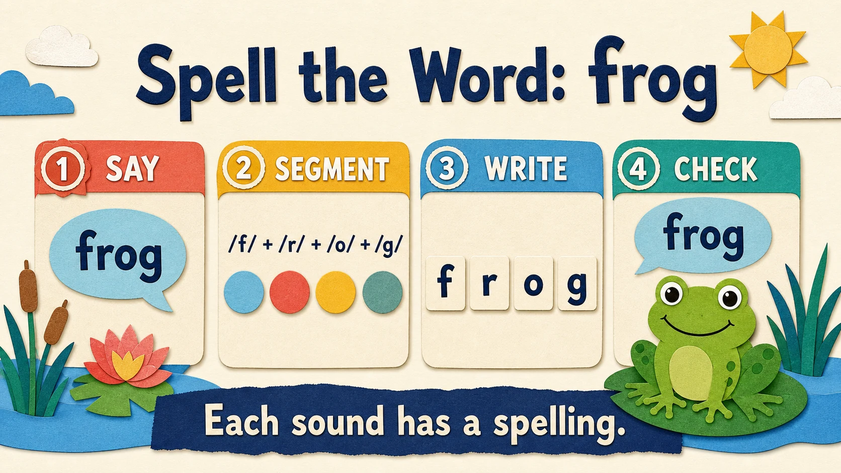 A worked 1st Grade Spelling Words example moving from a concrete model to an answer