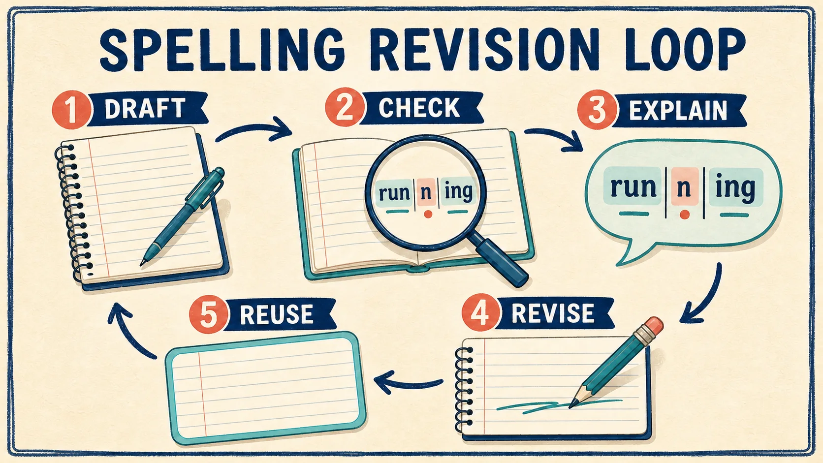 5th Grade Spelling Worksheets: Skill and Practice Guide: a five-stage spelling revision loop from drafting through reuse in a new context