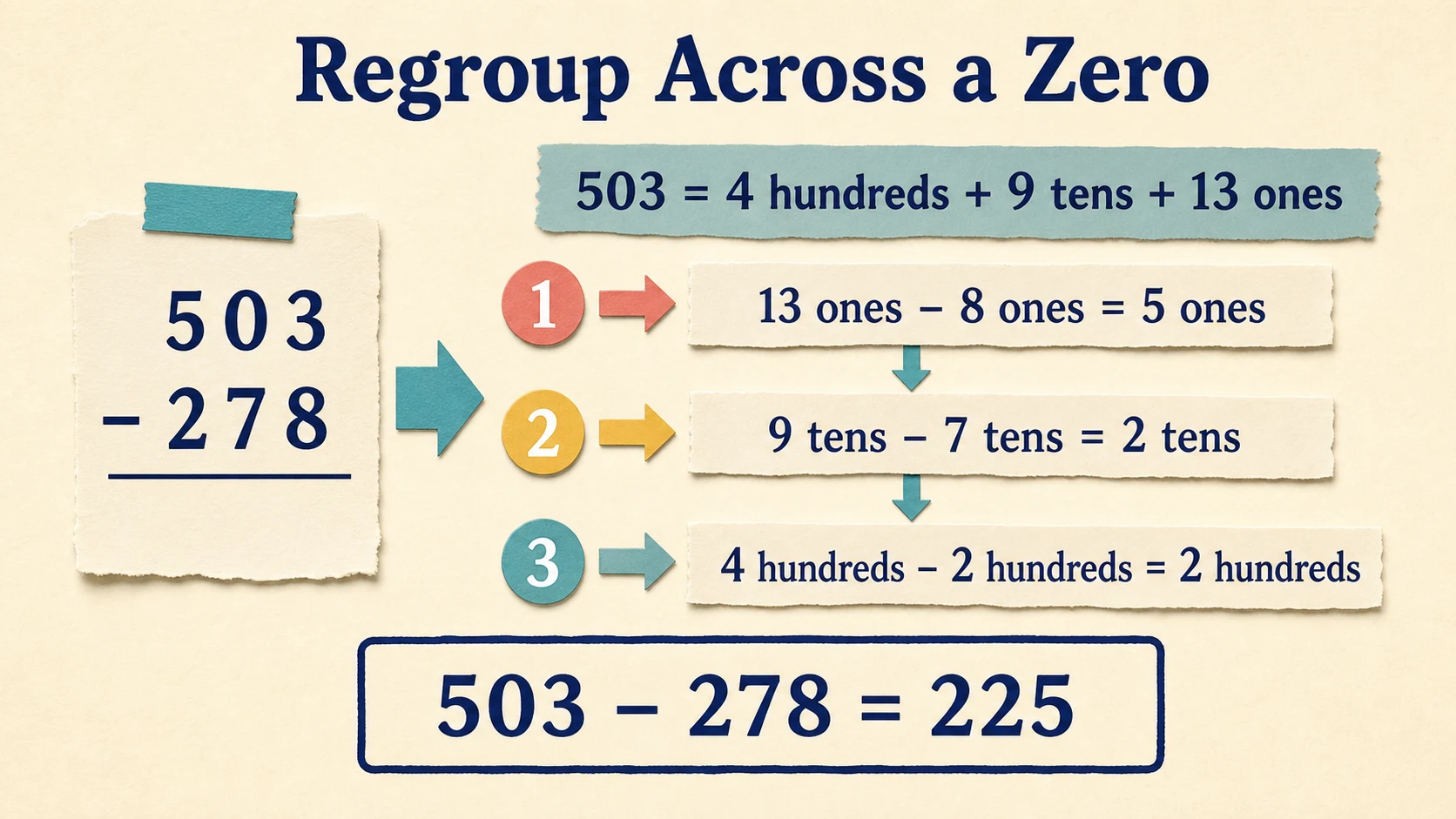 A worked 5th Grade Subtraction example moving from a concrete model to an answer