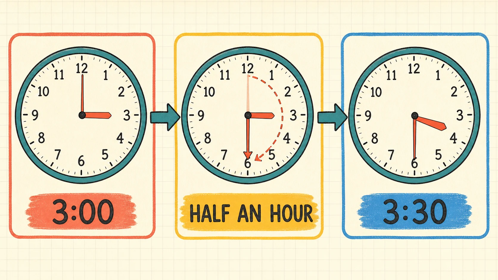 A visual map of the 1st Grade Telling Time skills developed in this guide