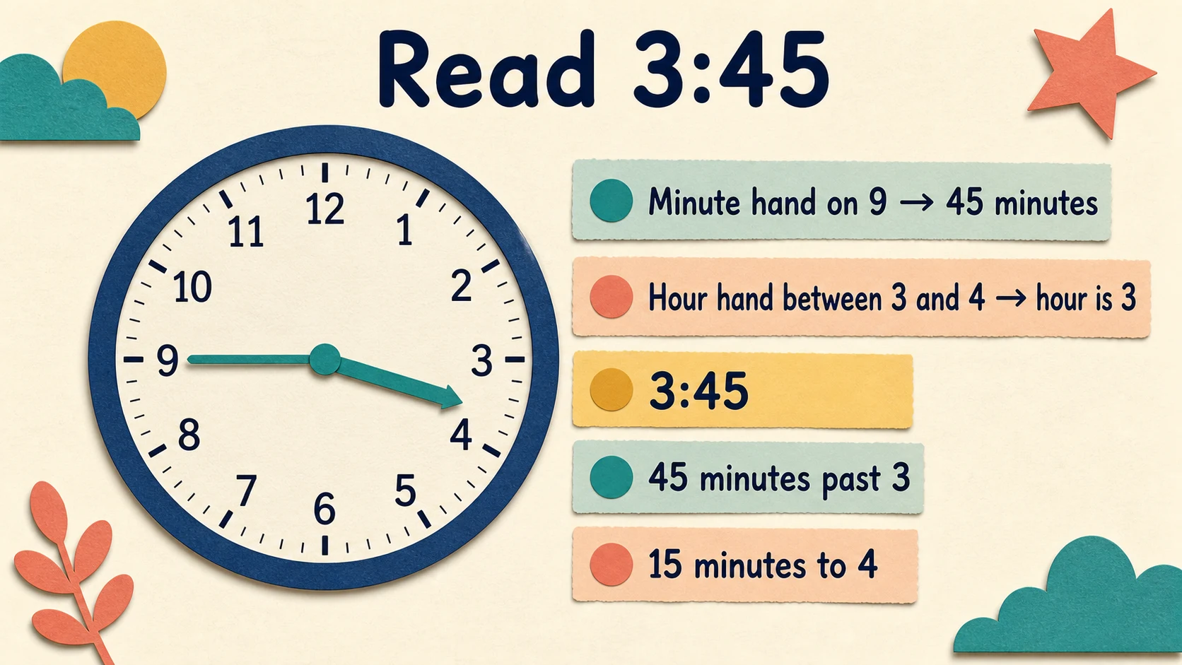 A worked 3rd Grade Telling Time example moving from a concrete model to an answer