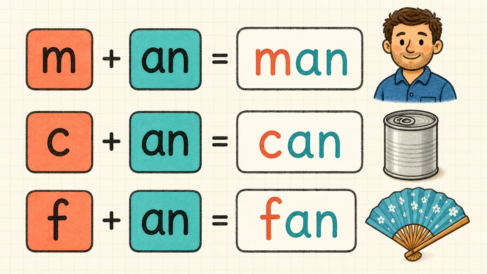 A worked 1st Grade Word Families example moving from a concrete model to an answer