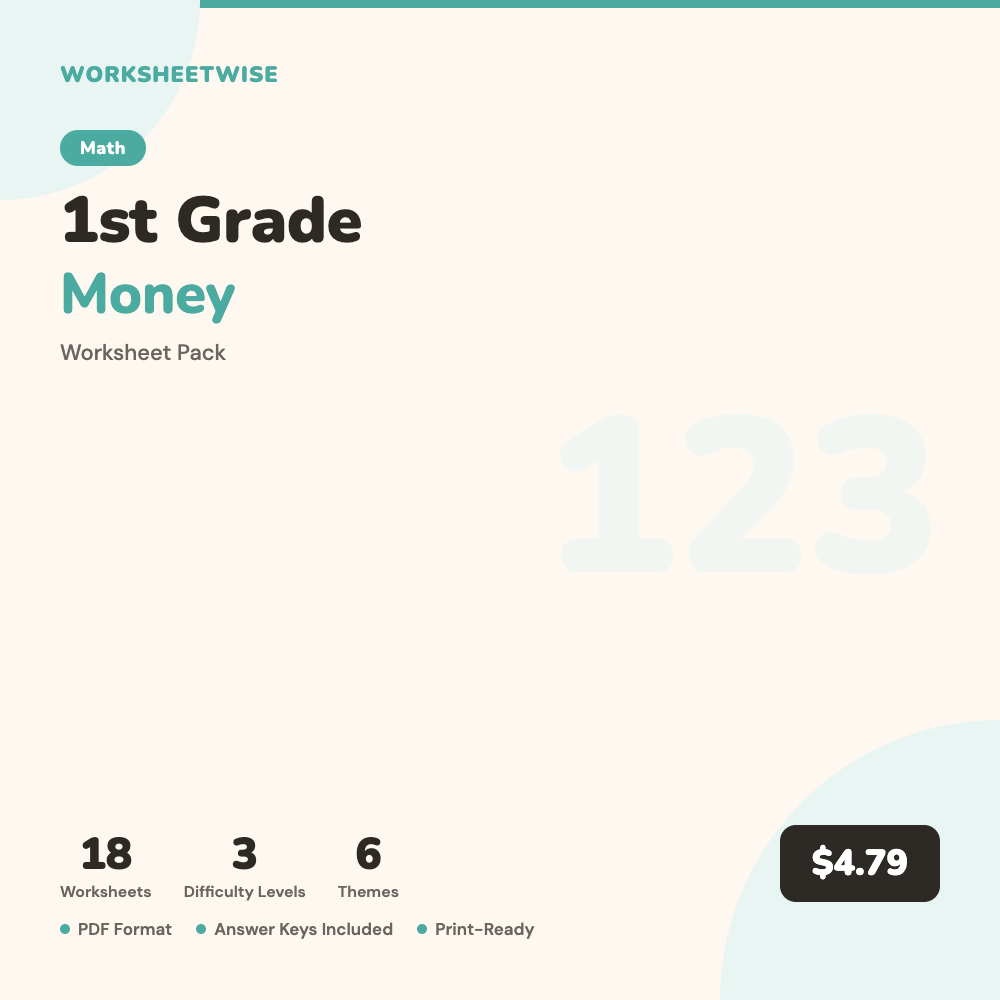 Cover of 1st Grade Money Worksheet Pack