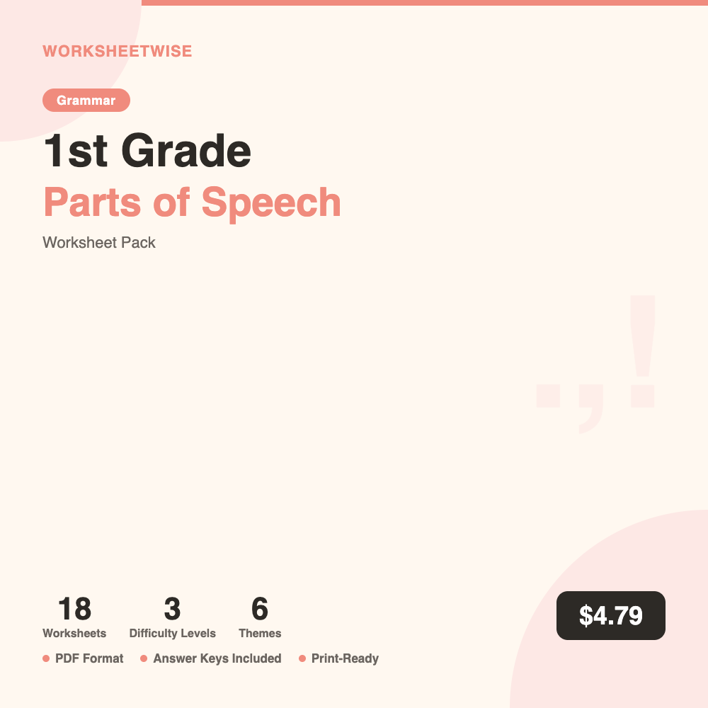Cover of 1st Grade Parts of Speech Worksheet Pack