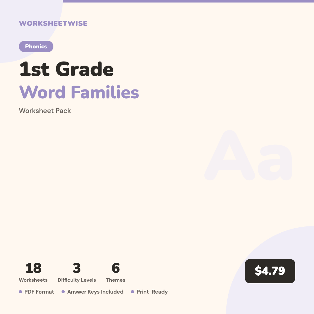 Cover of 1st Grade Word Families Worksheet Pack