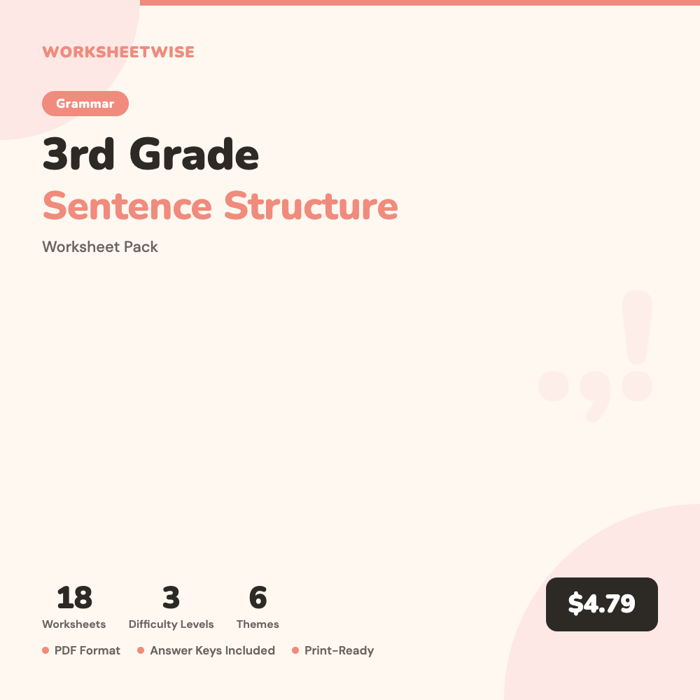 Cover of 3rd Grade Sentence Structure Worksheet Pack