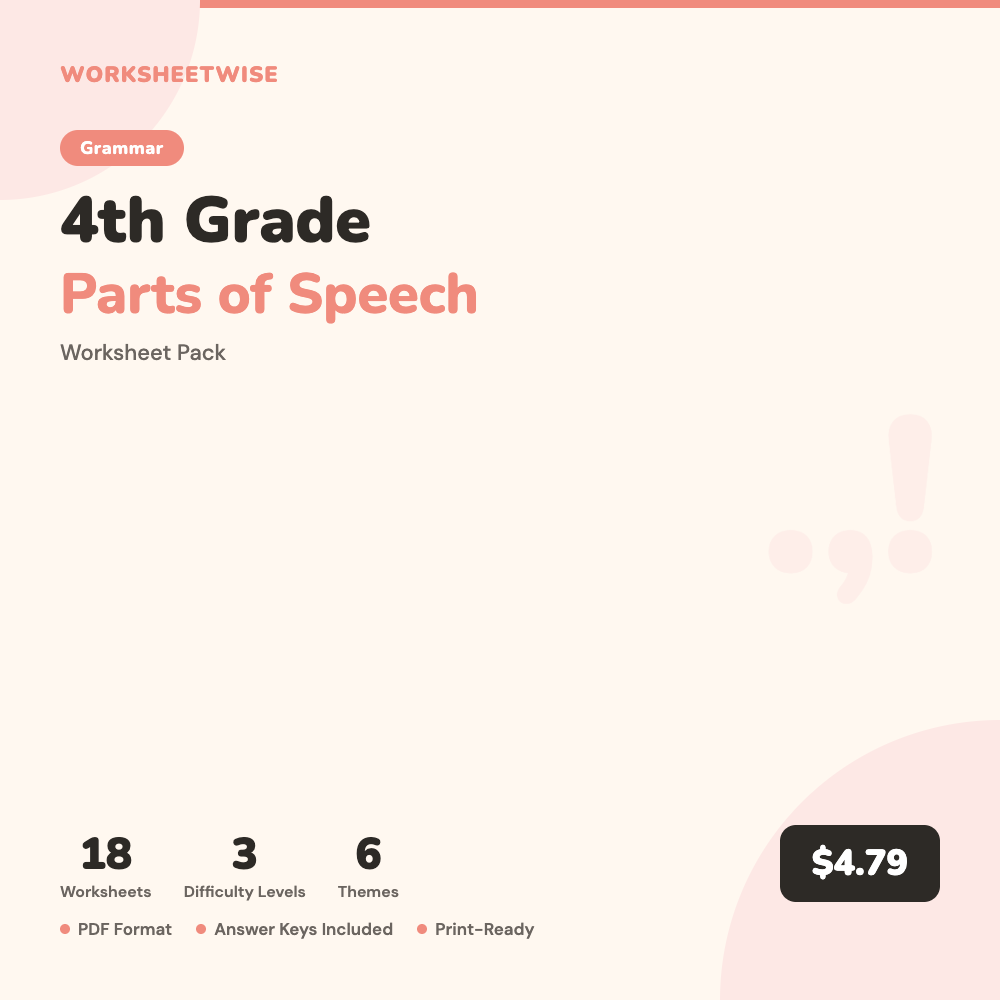 Cover of the 4th Grade Parts of Speech Worksheet Pack