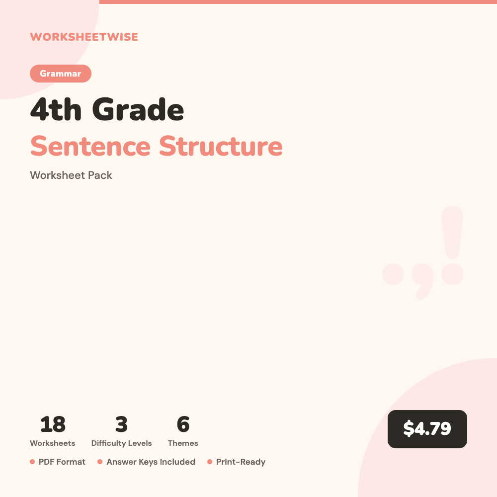 Cover of 4th Grade Sentence Structure Worksheet Pack