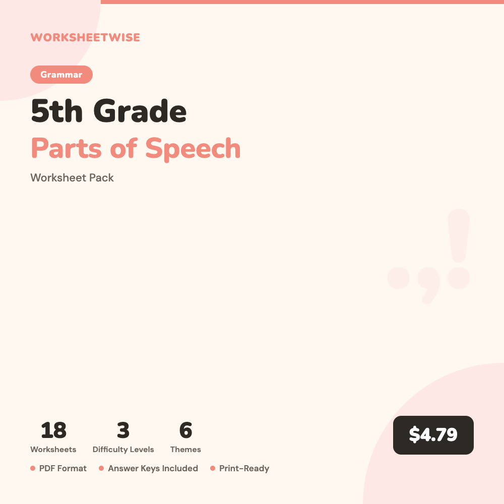 Cover of the 5th Grade Parts of Speech Worksheet Pack