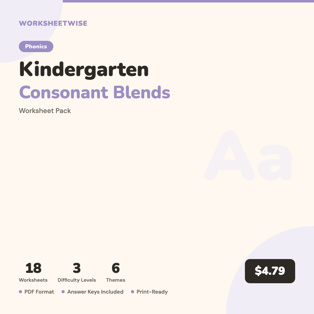 Cover of Kindergarten Consonant Blends Worksheet Pack