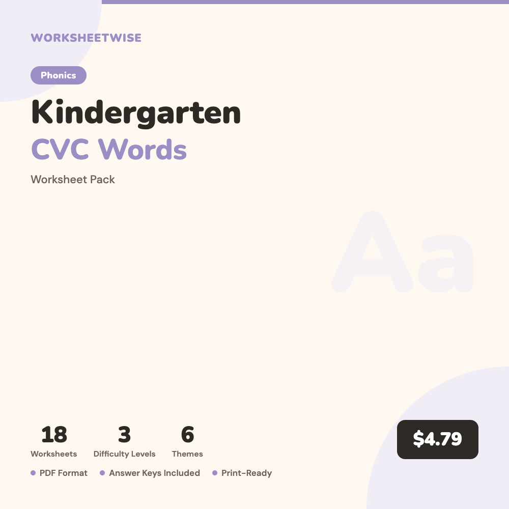 Cover of Kindergarten CVC Words Worksheet Pack