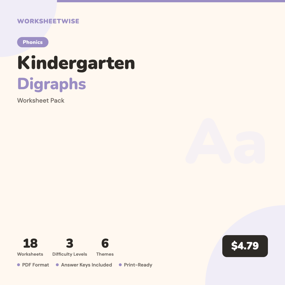 Cover of Kindergarten Digraphs Worksheet Pack