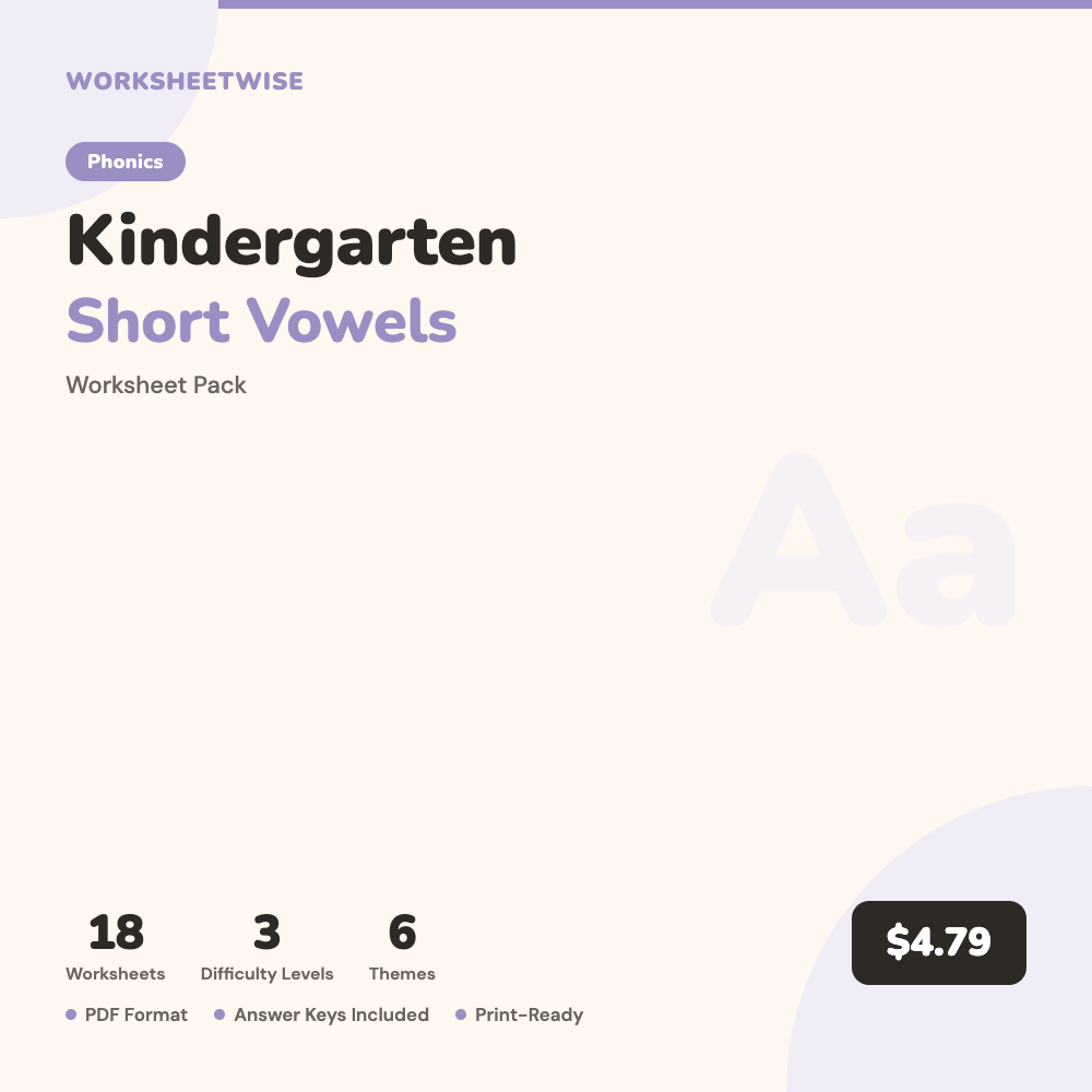Cover of Kindergarten Short Vowels Worksheet Pack