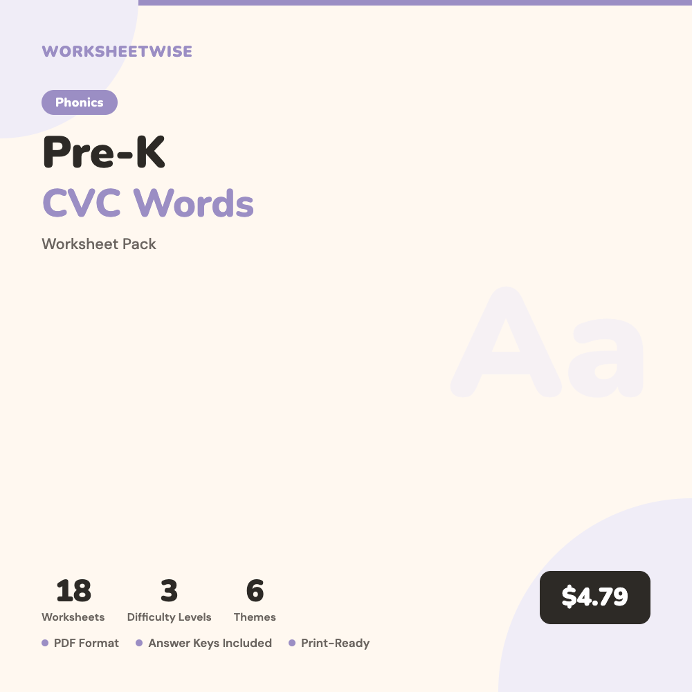 Cover of Pre-K CVC Words Worksheet Pack