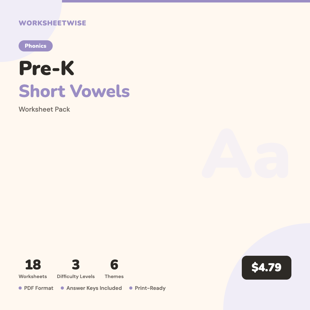 Cover of Pre-K Short Vowels Worksheet Pack