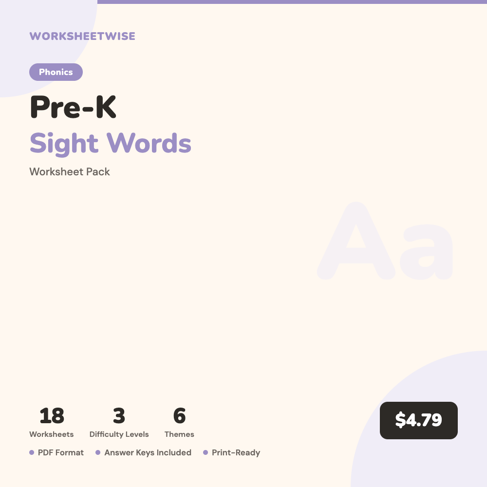 Cover of Pre-K Sight Words Worksheet Pack