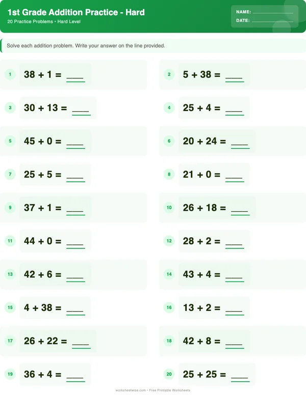 1st Grade Addition Worksheets - Dinosaur Theme (Hard)