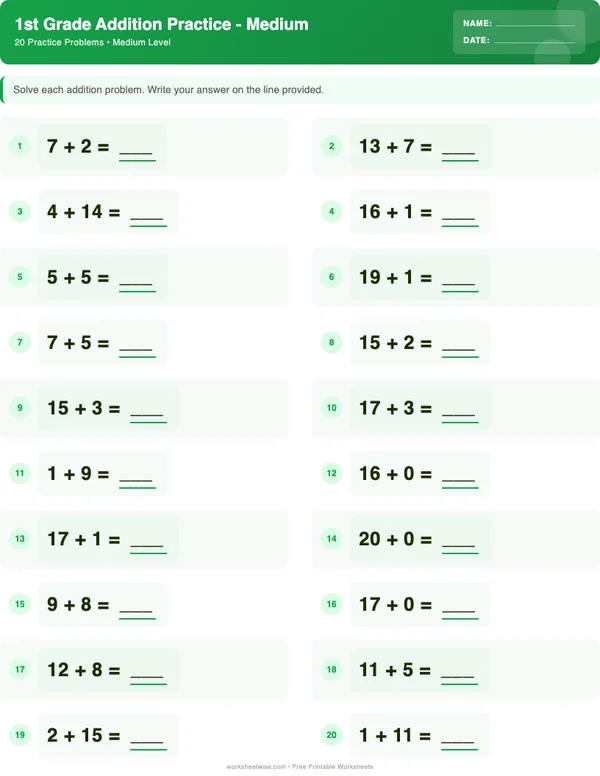 1st Grade Addition Worksheets - Dinosaur Theme (Medium)