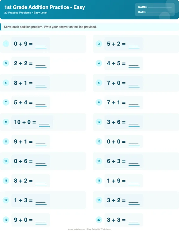 1st Grade Addition Worksheets - Ocean Theme (Easy)