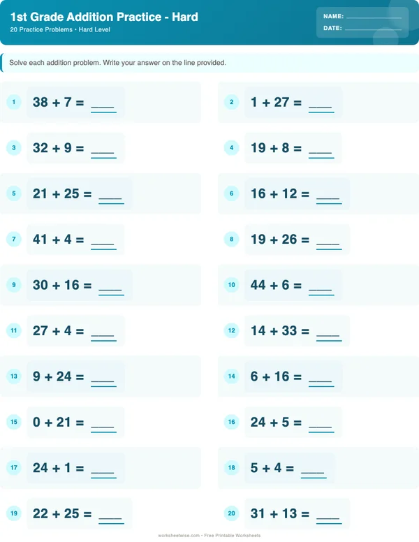 1st Grade Addition Worksheets - Ocean Theme (Hard)