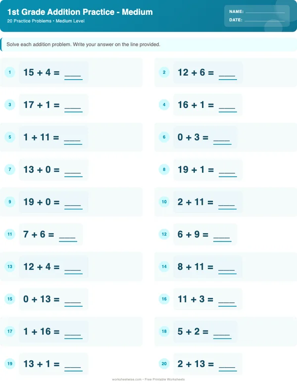 1st Grade Addition Worksheets - Ocean Theme (Medium)
