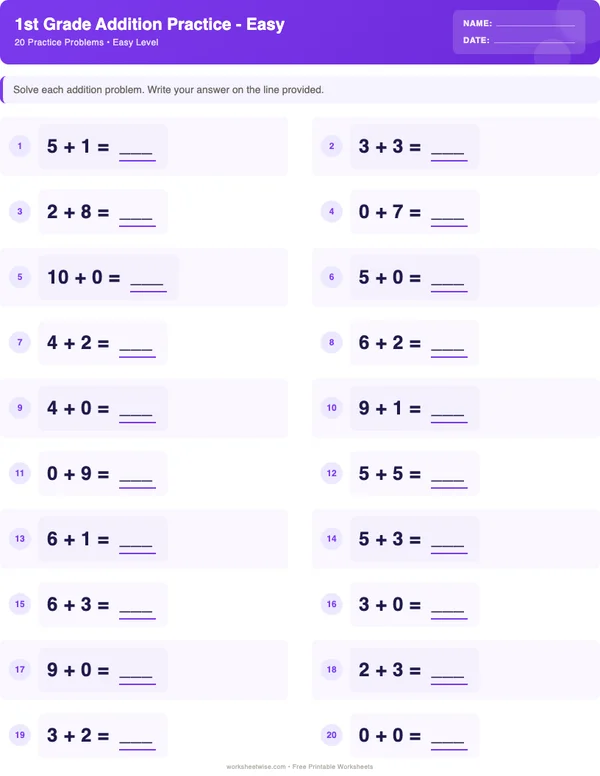 1st Grade Addition Worksheets - Space Theme (Easy)