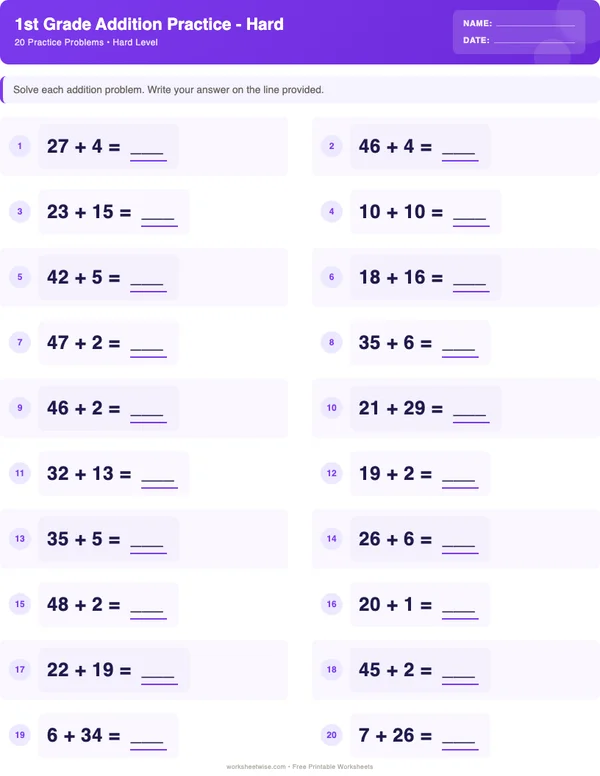 1st Grade Addition Worksheets - Space Theme (Hard)