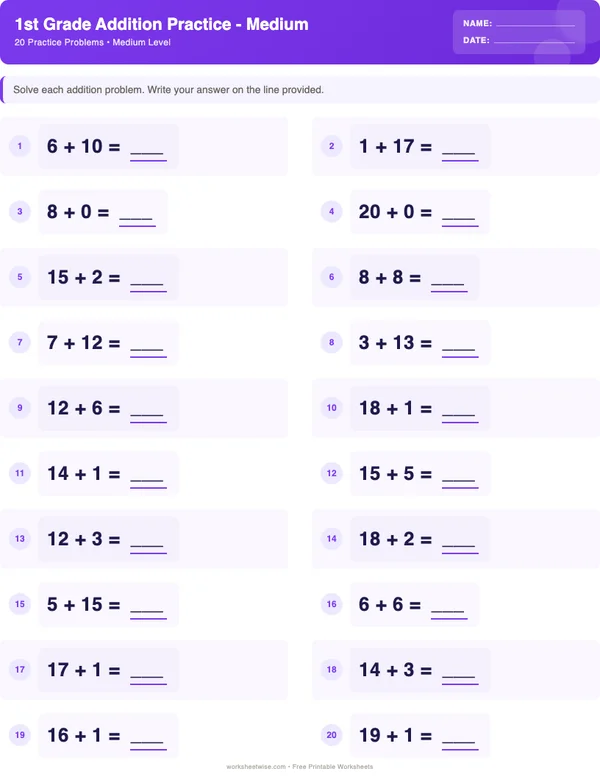 1st Grade Addition Worksheets - Space Theme (Medium)