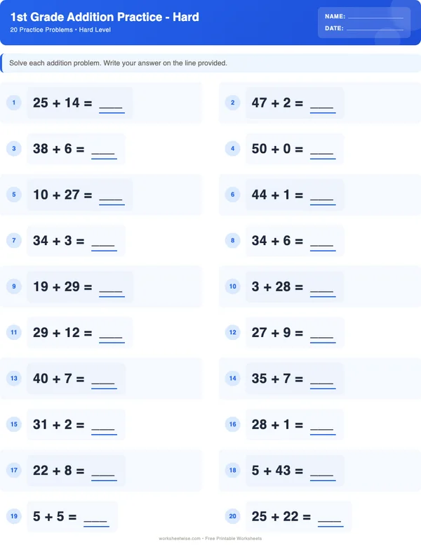 1st Grade Addition Worksheets - Standard Theme (Hard)