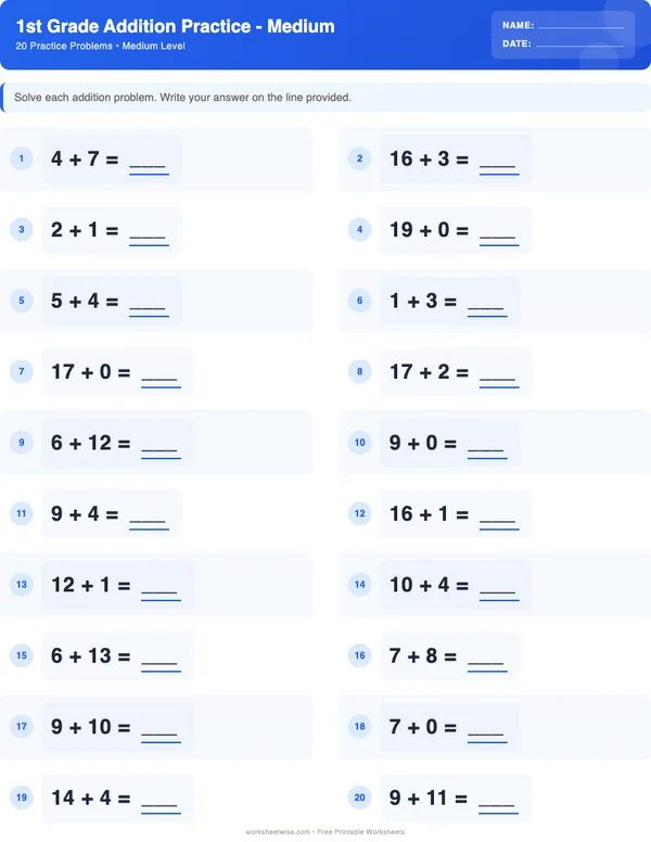 1st Grade Addition Worksheets - Standard Theme (Medium)