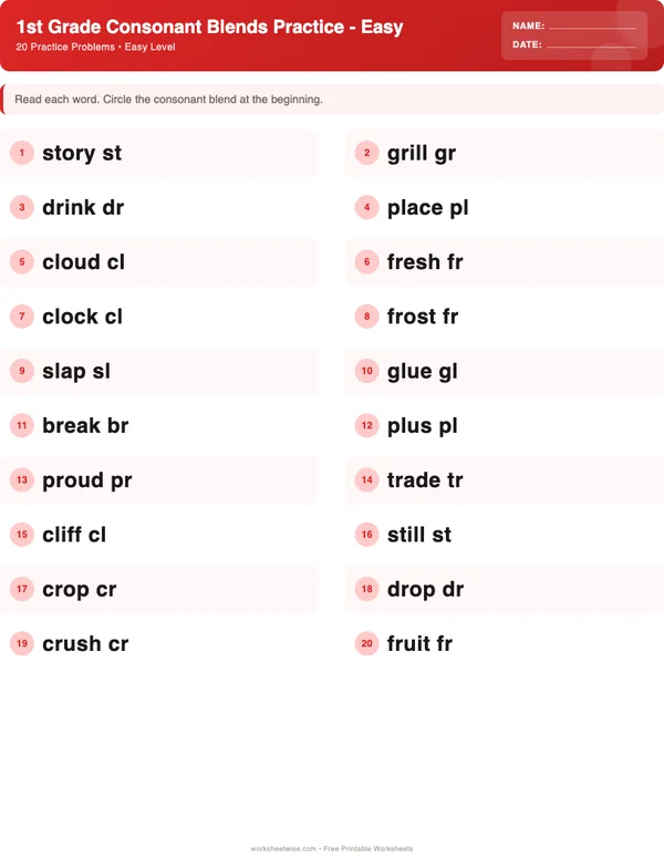 1st Grade Consonant Blends Worksheets - Christmas Theme (Easy)