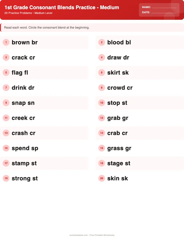 1st Grade Consonant Blends Worksheets - Christmas Theme (Medium)