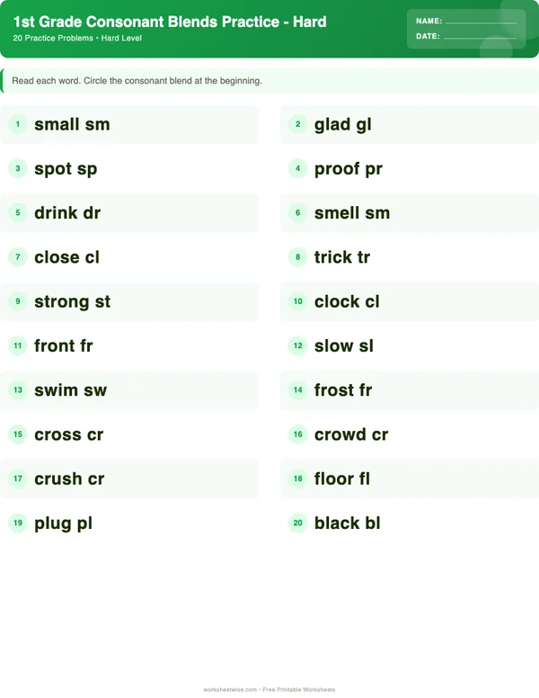 1st Grade Consonant Blends Worksheets - Dinosaur Theme (Hard)