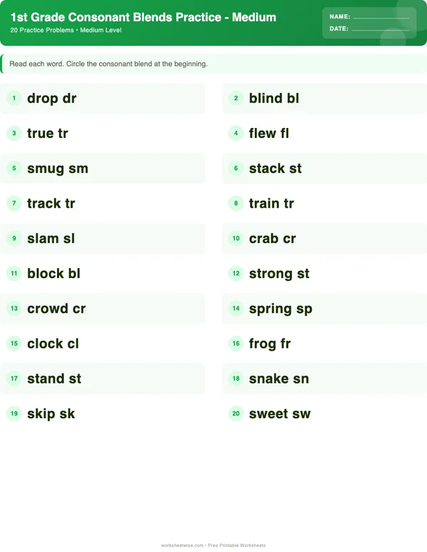 1st Grade Consonant Blends Worksheets - Dinosaur Theme (Medium)