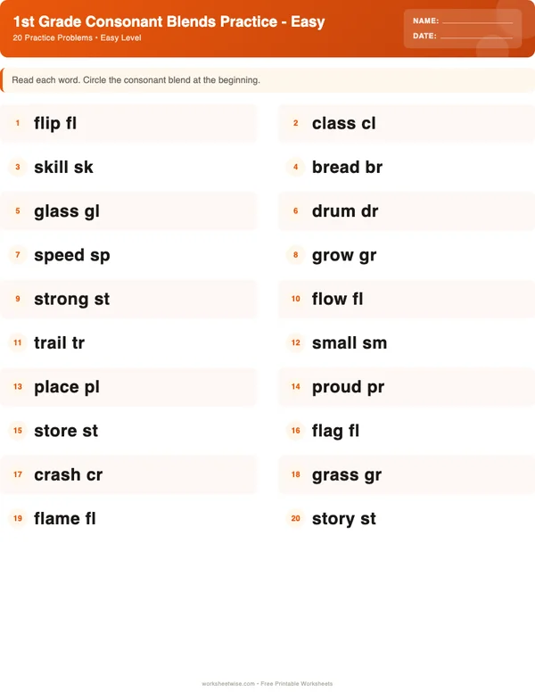1st Grade Consonant Blends Worksheets - Halloween Theme (Easy)
