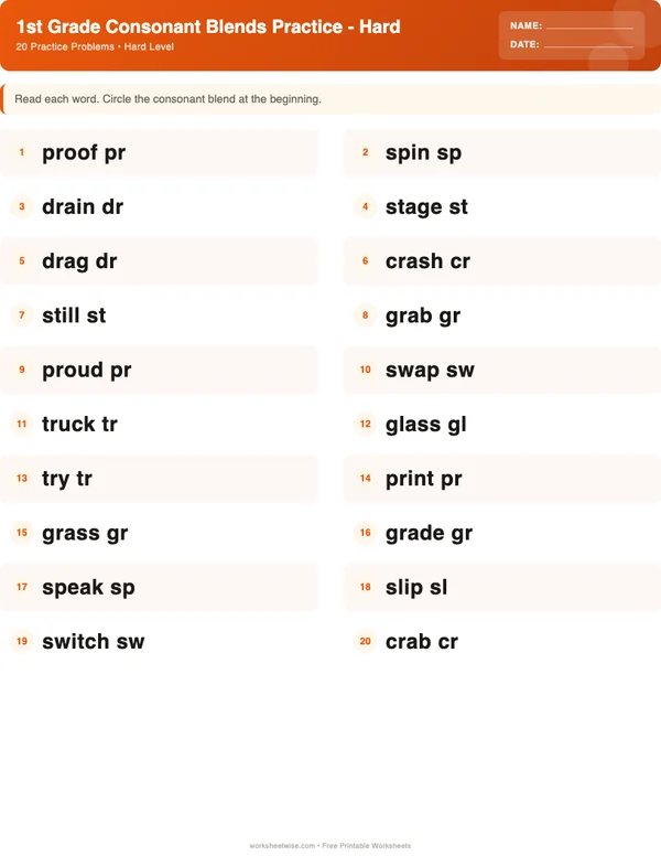 1st Grade Consonant Blends Worksheets - Halloween Theme (Hard)