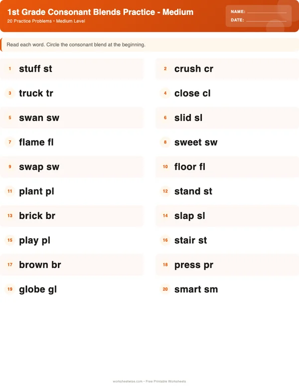 1st Grade Consonant Blends Worksheets - Halloween Theme (Medium)