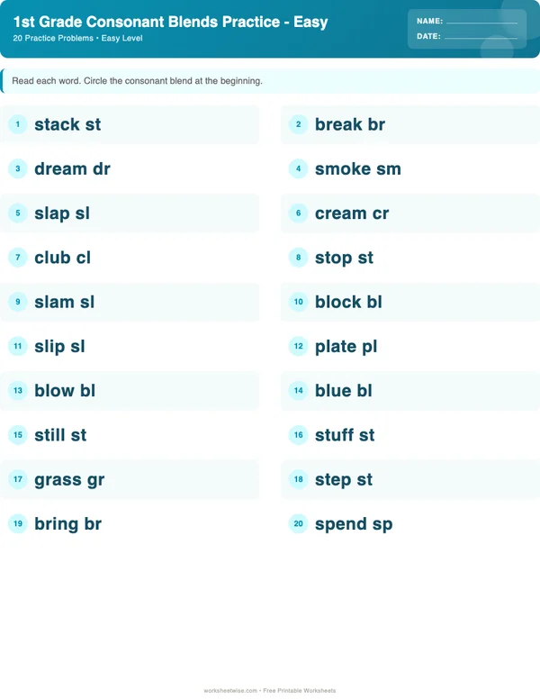 1st Grade Consonant Blends Worksheets - Ocean Theme (Easy)